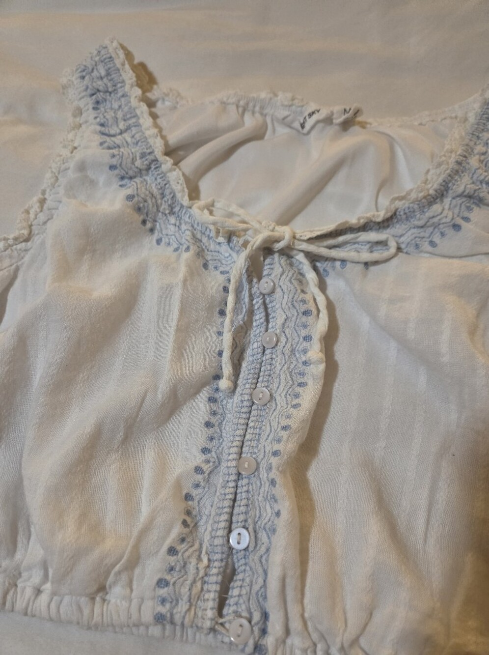 Women’s Boho Crop Top White Cotton with Light Blue Embroidery